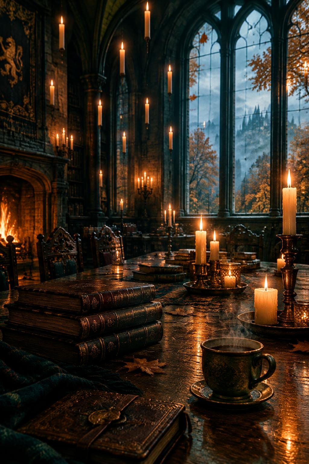 A candlelit stone hall with tall arched windows and a long table of old books