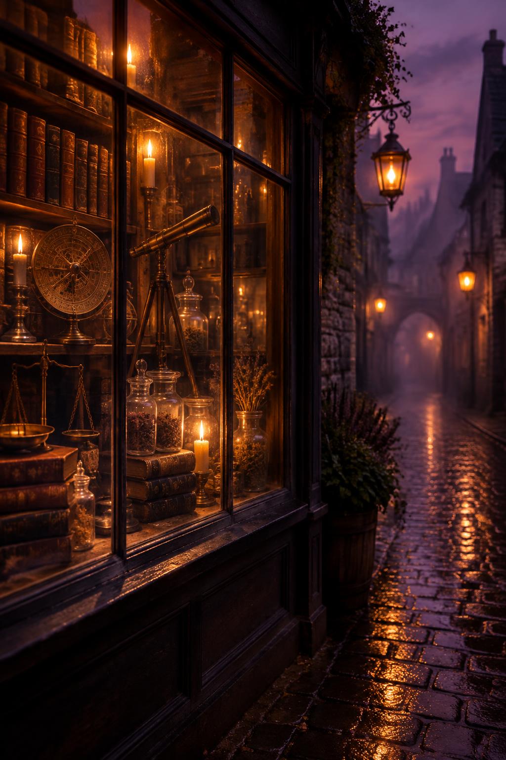 A candlelit shop window of old books and brass instruments on a misty cobbled lane
