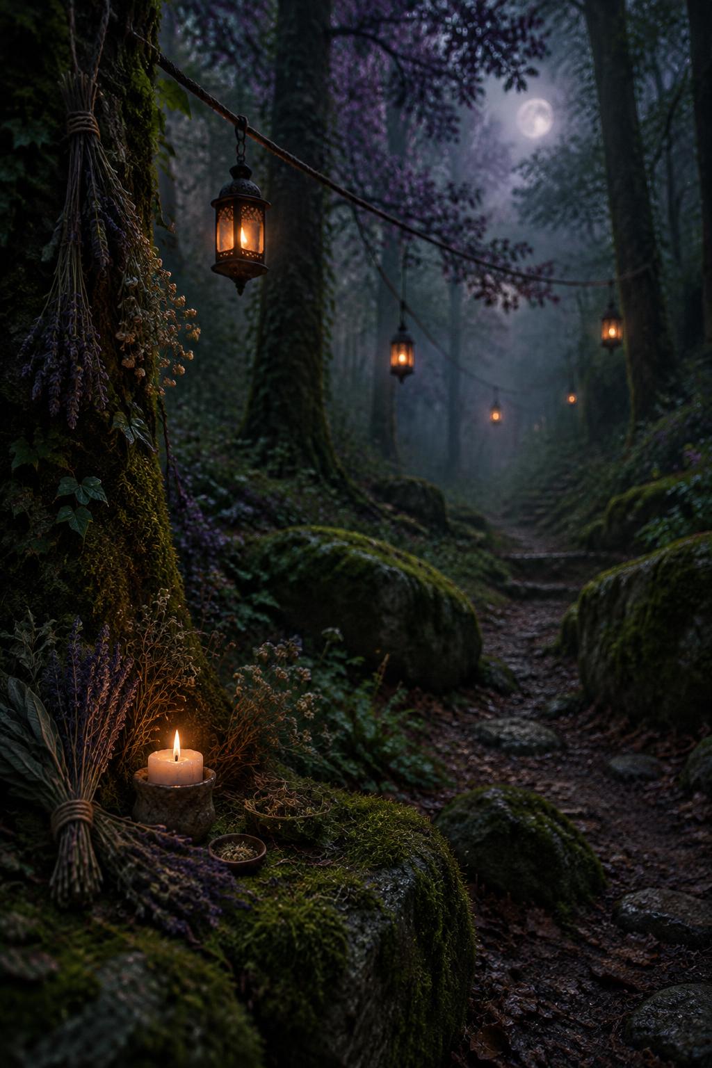 Lanterns along a misty forest path at dusk beneath a full moon